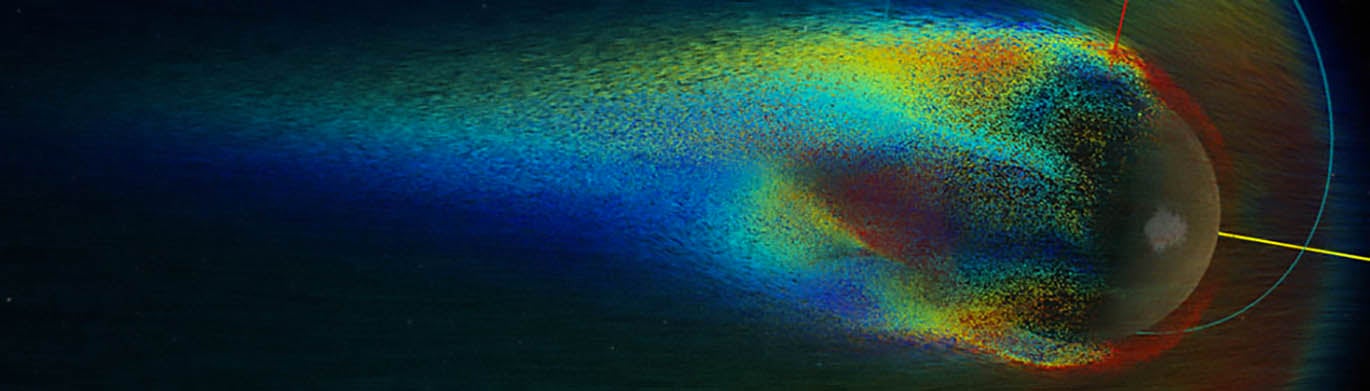 Computer graphic of the solar wind interacting with Mars